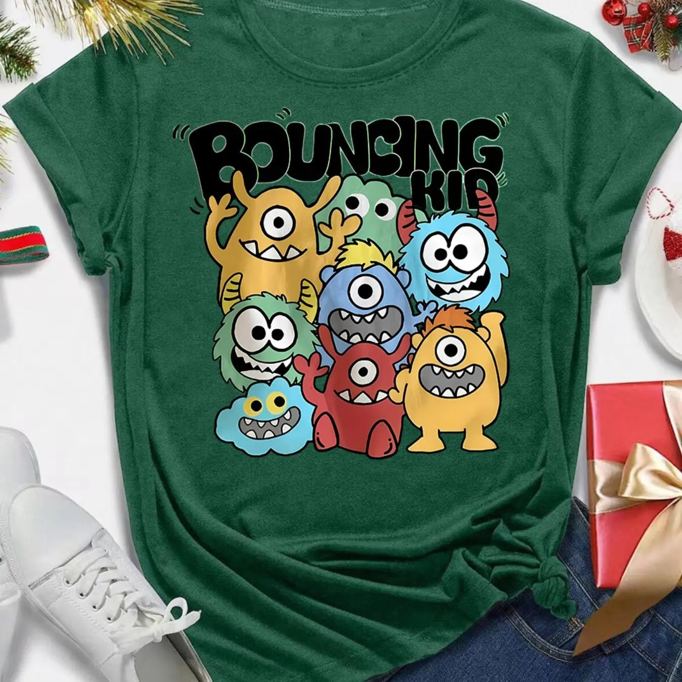 Women's Cartoon Monster & Letter Print Round Neck Tee, Casual Short Sleeve T-Shirt for Summer, Ladies Clothes for Daily...