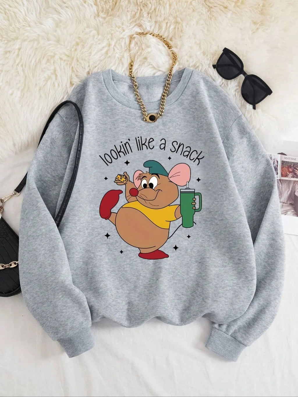 Women's Cartoon Mouse Print Crew Neck Sweatshirt, Casual Long Sleeve Pullover for Fall & Winter, Women's Clothes for...