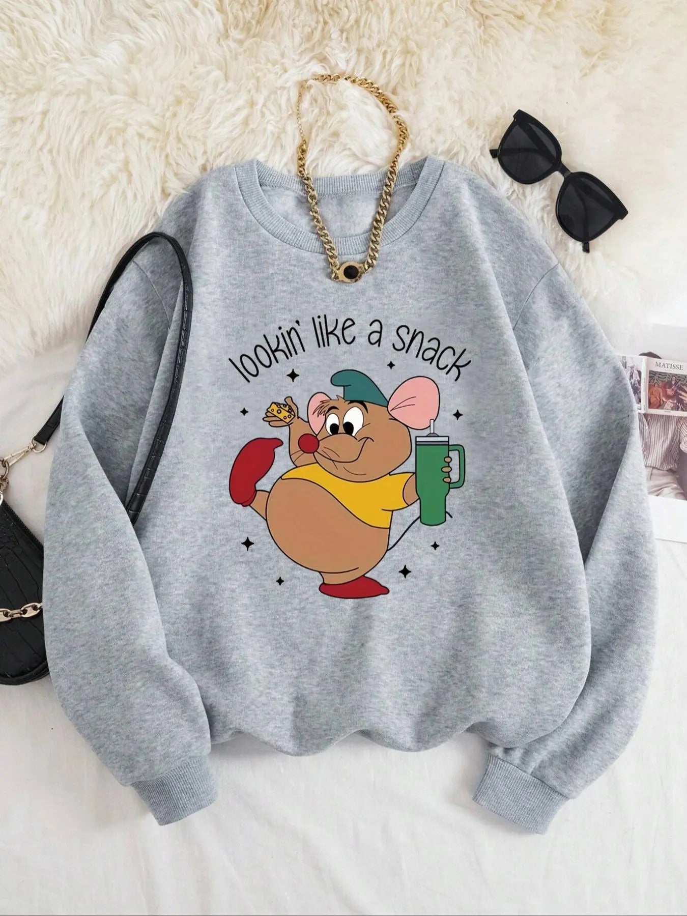 Women's Cartoon Mouse Print Crew Neck Sweatshirt, Casual Long Sleeve Pullover for Fall & Winter, Women's Clothes for...