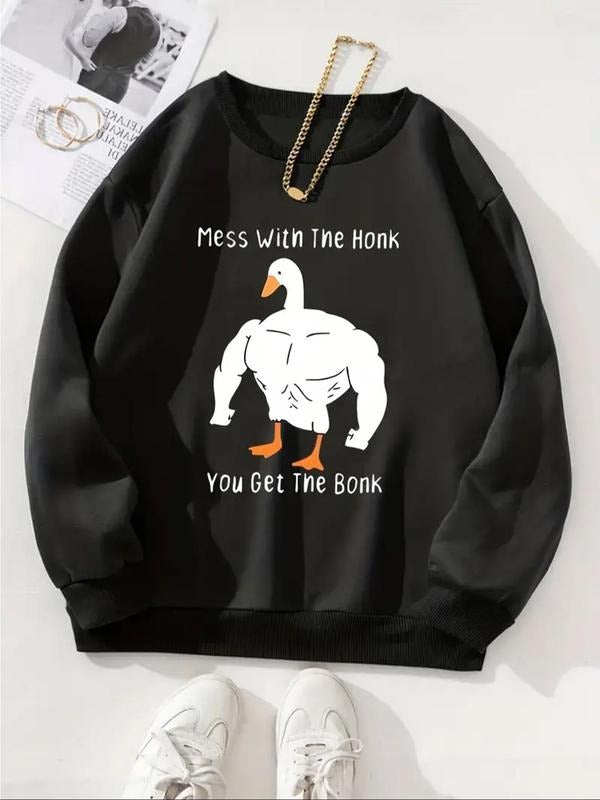 Women's Cartoon Muscle Goose & Letter Print Drop Shoulder Sweatshirt, Fashion Casual Long Sleeve Round Neck Pullover for...