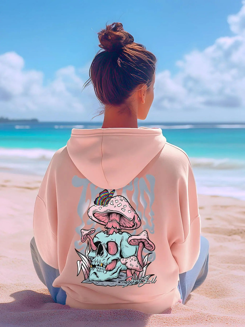 Women's Cartoon Mushroom & Skull Print Drop Shoulder Thermal Lined Hoodie, Fashion Casual Drawstring Pocket Hooded...