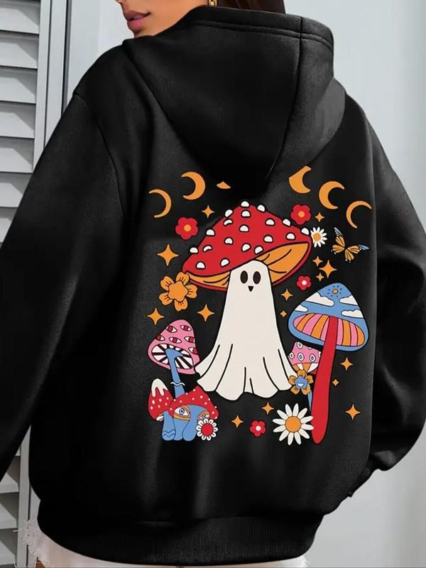 Women's Cartoon Mushroom Print Drawstring Hoodie, Casual Long Sleeve Hooded Sweatshirt for Fall & Winter, Women's Clothes...