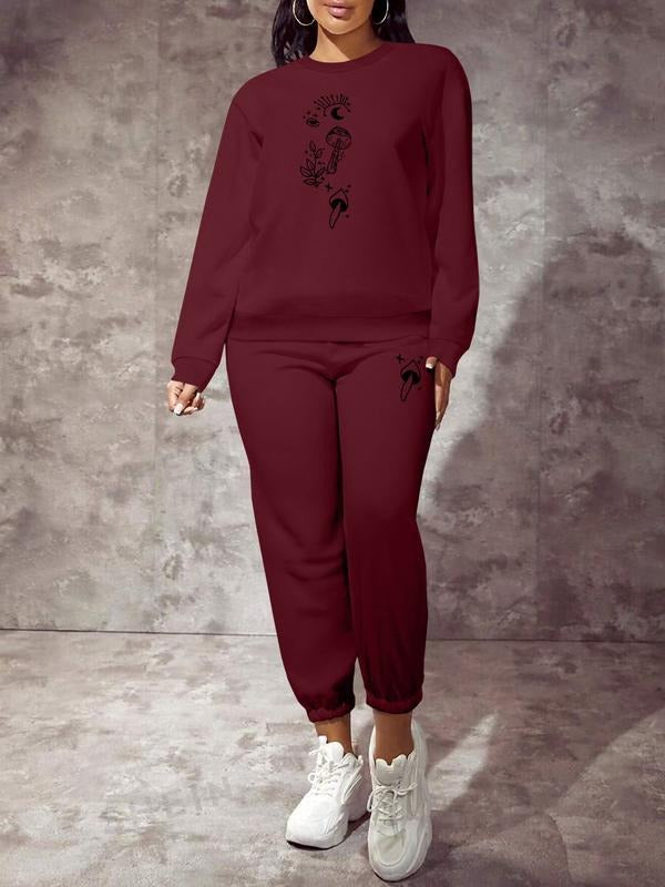 Women's Cartoon Mushroom Print Long Sleeve Sweatshirt Set, Casual Fitted Two-Piece for Spring & Fall, Comfortable Home...