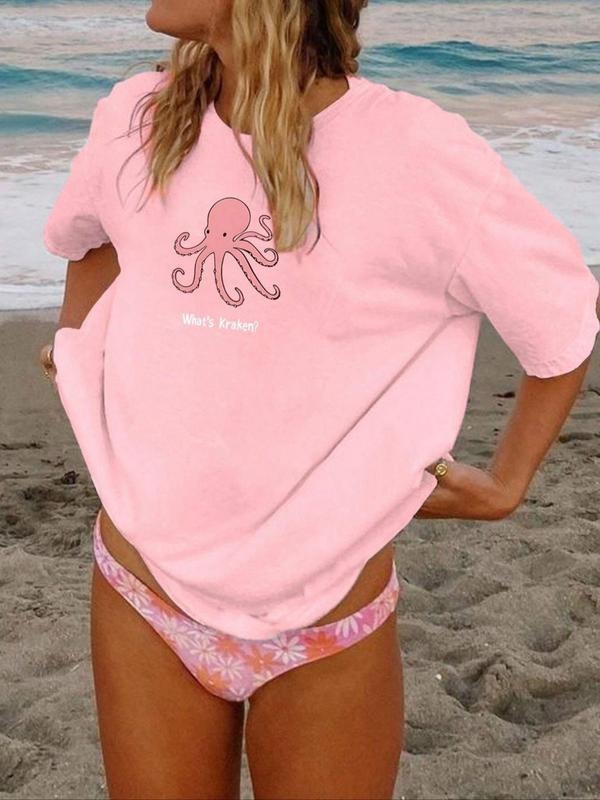 Women's Cartoon Octopus Print Round Neck Tee, Casual Short Sleeve Crew Neck T-shirt for Summer, Fashion Women's Top for...