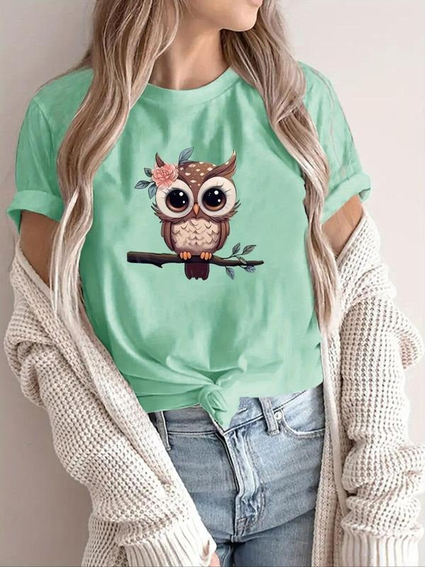 Women's Cartoon Owl Print Round Neck Tee, Cute Graphic Short Sleeve T-Shirt for Daily Holiday Vacation Outdoor Wear,...