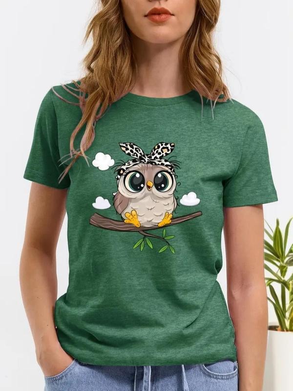 Women's Cartoon Owl Print Round Neck Tee, Fashion Casual Crew Neck T-Shirt for Daily Holiday Vacation Outdoor Wear,...