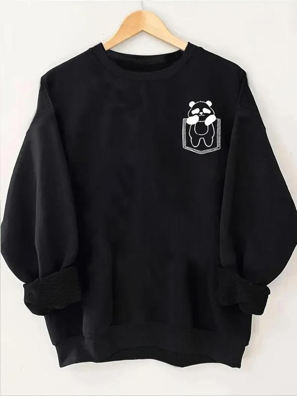 Women's Cartoon Panda Print Crew Neck Sweatshirt, Casual Long Sleeve Pullover for Fall & Winter, Women's Clothes for...