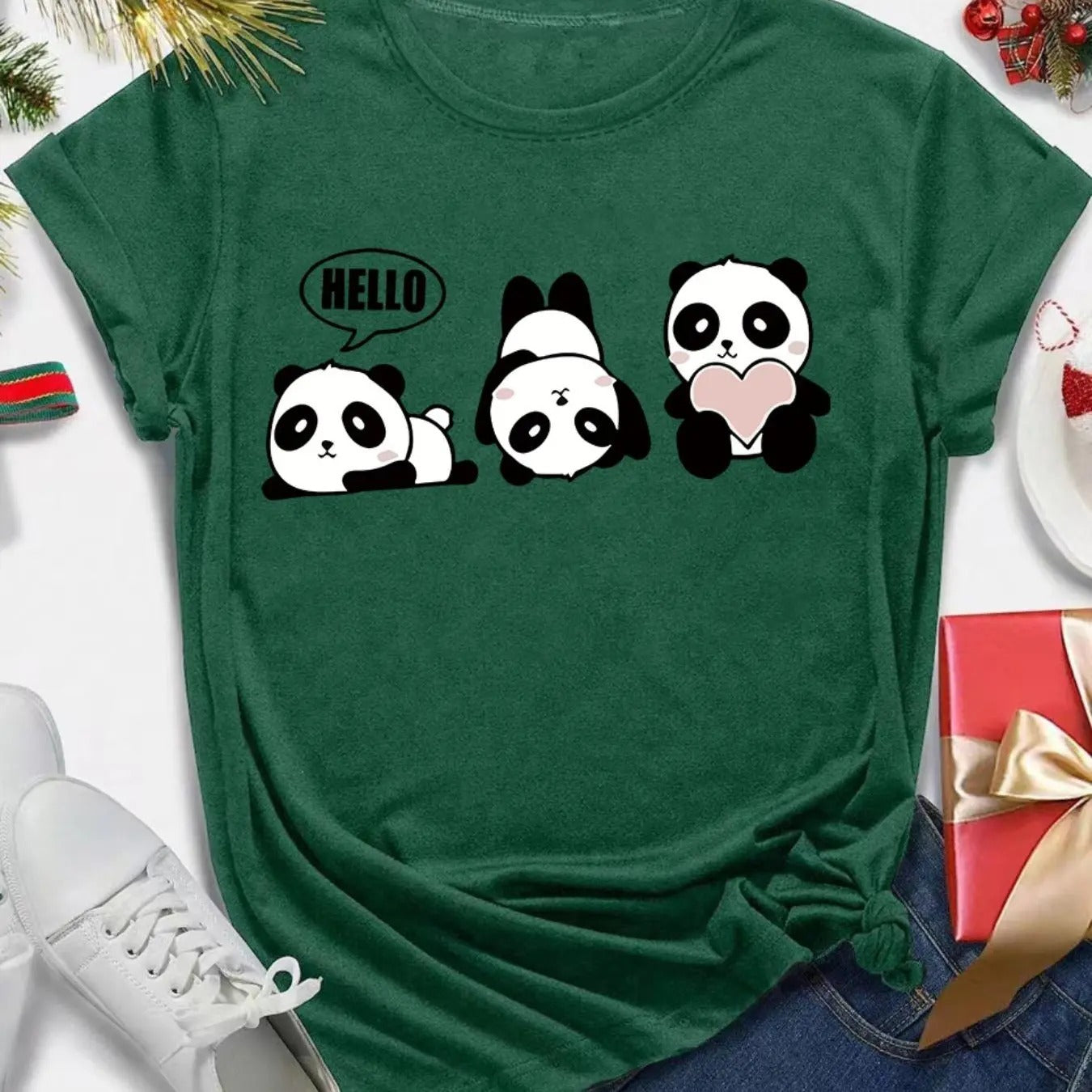 Women's Cartoon Panda Print Round Neck Tee, Casual Short Sleeve Crew Neck T-Shirt for Daily Wear, Ladies Clothes for All...