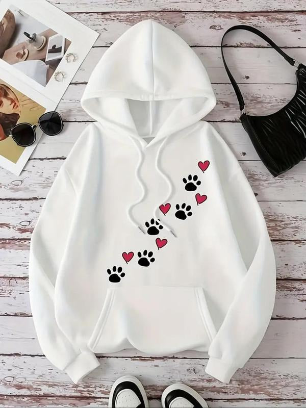 Women's Cartoon Paw & Heart Print Drop Shoulder Hoodie, Fashion Casual Hooded Sweatshirt for Daily Holiday Outdoor Wear,...