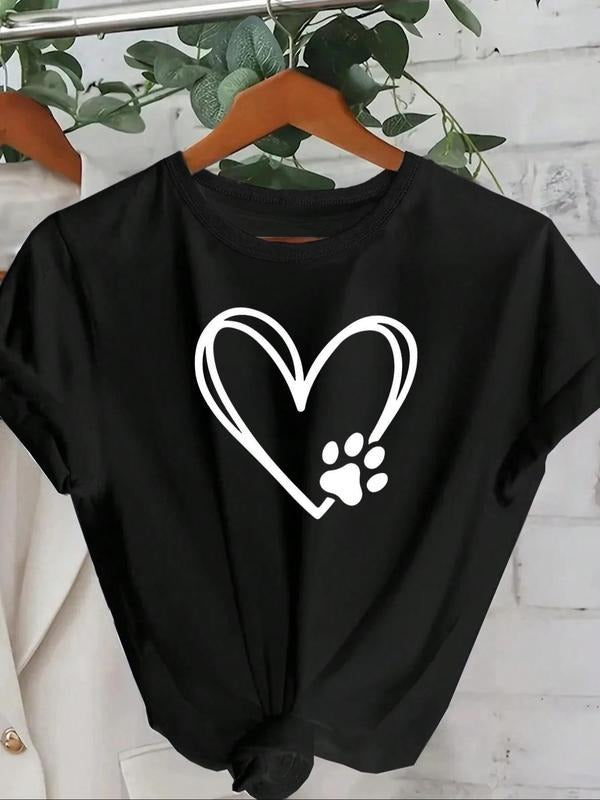 Women's Cartoon Paw & Heart Print Round Neck Tee, Casual Short Sleeve Crew Neck T-Shirt for Summer, Fashion Women's Top...