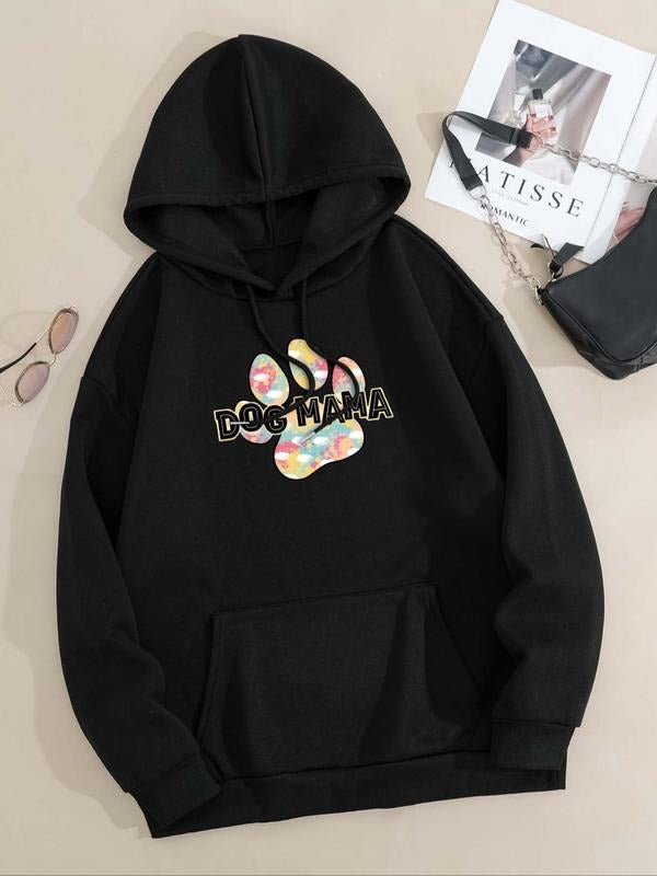 Women's Cartoon Paw & Letter Print Drop Shoulder Hoodie, Fashion Casual Drawstring Pocket Hooded Sweatshirt for Daily...