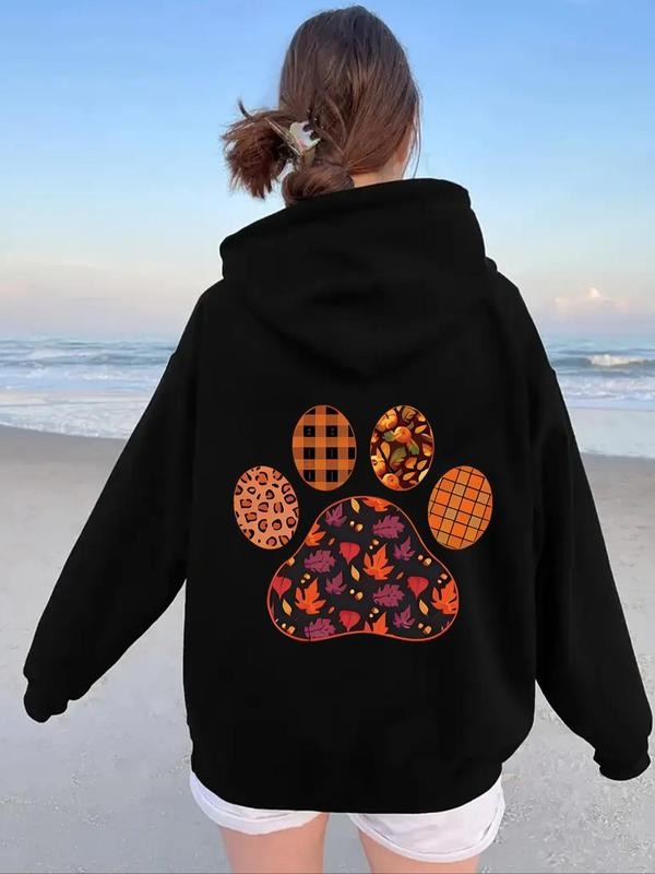 Women's Cartoon Paw Print Drop Shoulder Hoodie, Fashion Casual Drawstring Pocket Hooded Sweatshirt for Daily Holiday...