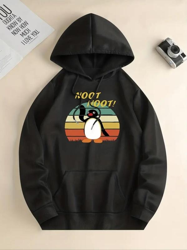 Women's Cartoon Penguin & Letter Print Drop Shoulder Hoodie, Fashion Casual Drawstring Pocket Hooded Sweatshirt for Daily...