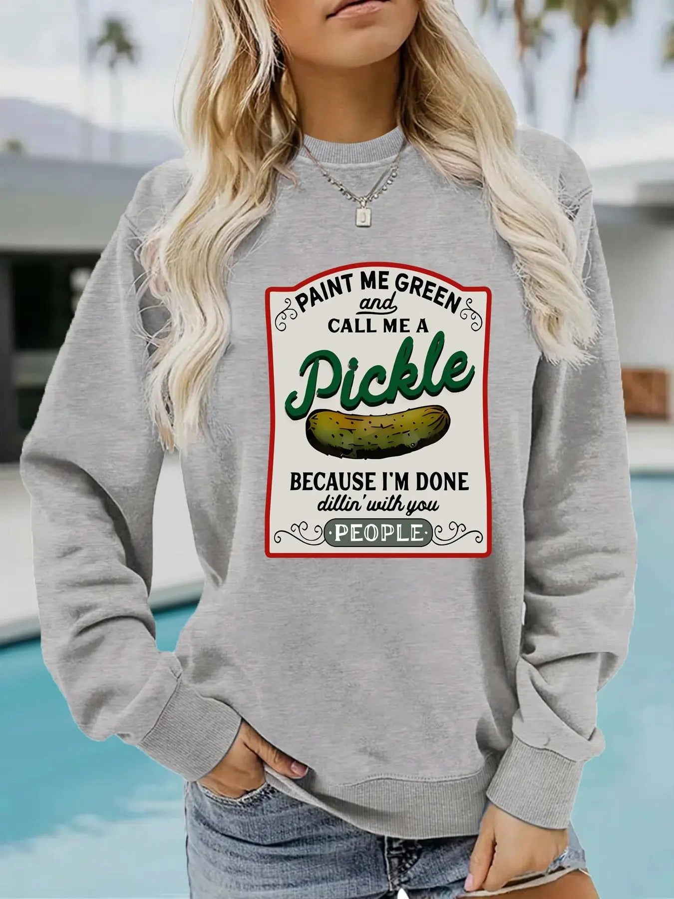 Women's Cartoon Pickle Graphic Print Crew Neck Sweatshirt, Casual Drop Shoulder Long Sleeve Pullover, Women's Fall &...