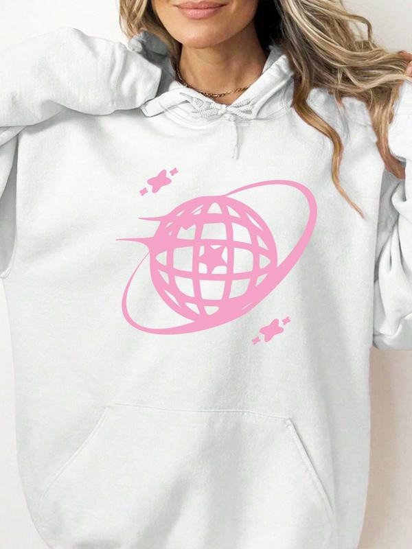 Women's Cartoon Planet Print Drop Shoulder Hoodie, Fashion Casual Drawstring Pocket Hooded Sweatshirt for Daily Holiday...