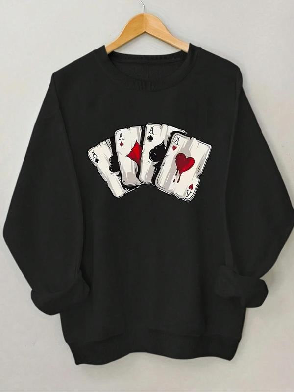 Women's Cartoon Playing Card Print Round Neck Sweatshirt, Casual Long Sleeve Crew Neck Pullover for Spring & Fall,...