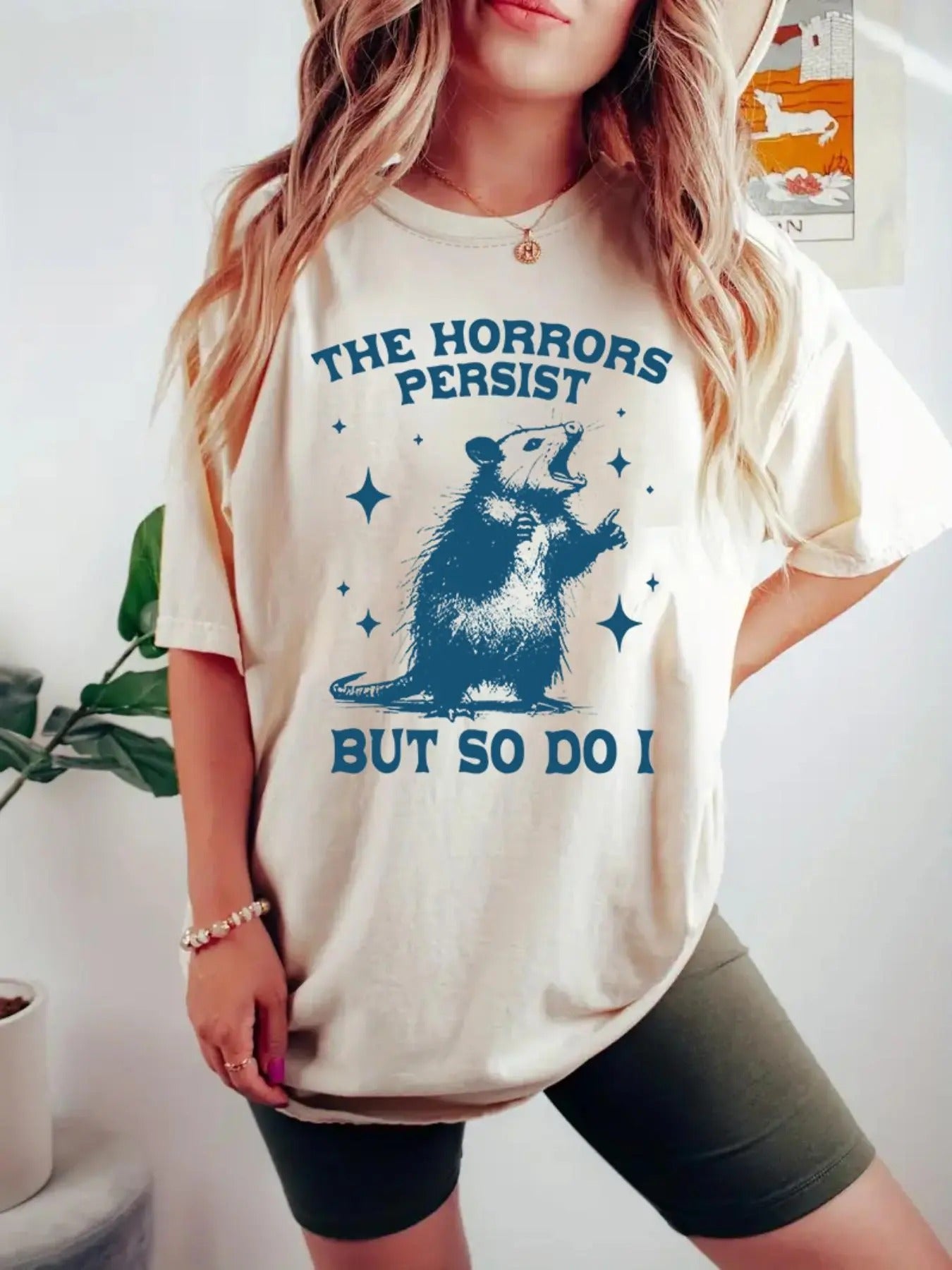 Women's Cartoon Possum & Star Print Round Neck Tee, Fashion Casual Crew Neck T-Shirt for Daily Holiday Vacation Outdoor...