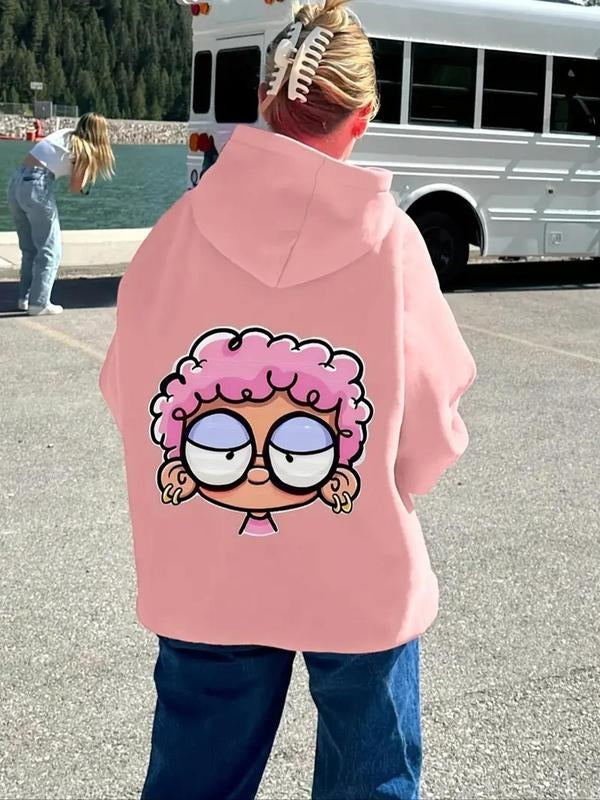 Women's Cartoon Print Drawstring Pocket Hoodie, Casual Drop Shoulder Long Sleeve Hooded Sweatshirt, Ladies Fall & Winter...