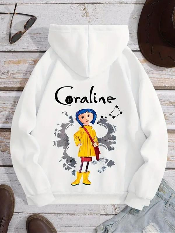 Women's Cartoon Print Drawstring Pocket Hoodie, Casual Drop Shoulder Long Sleeve Hooded Sweatshirt, Ladies Fall & Winter...