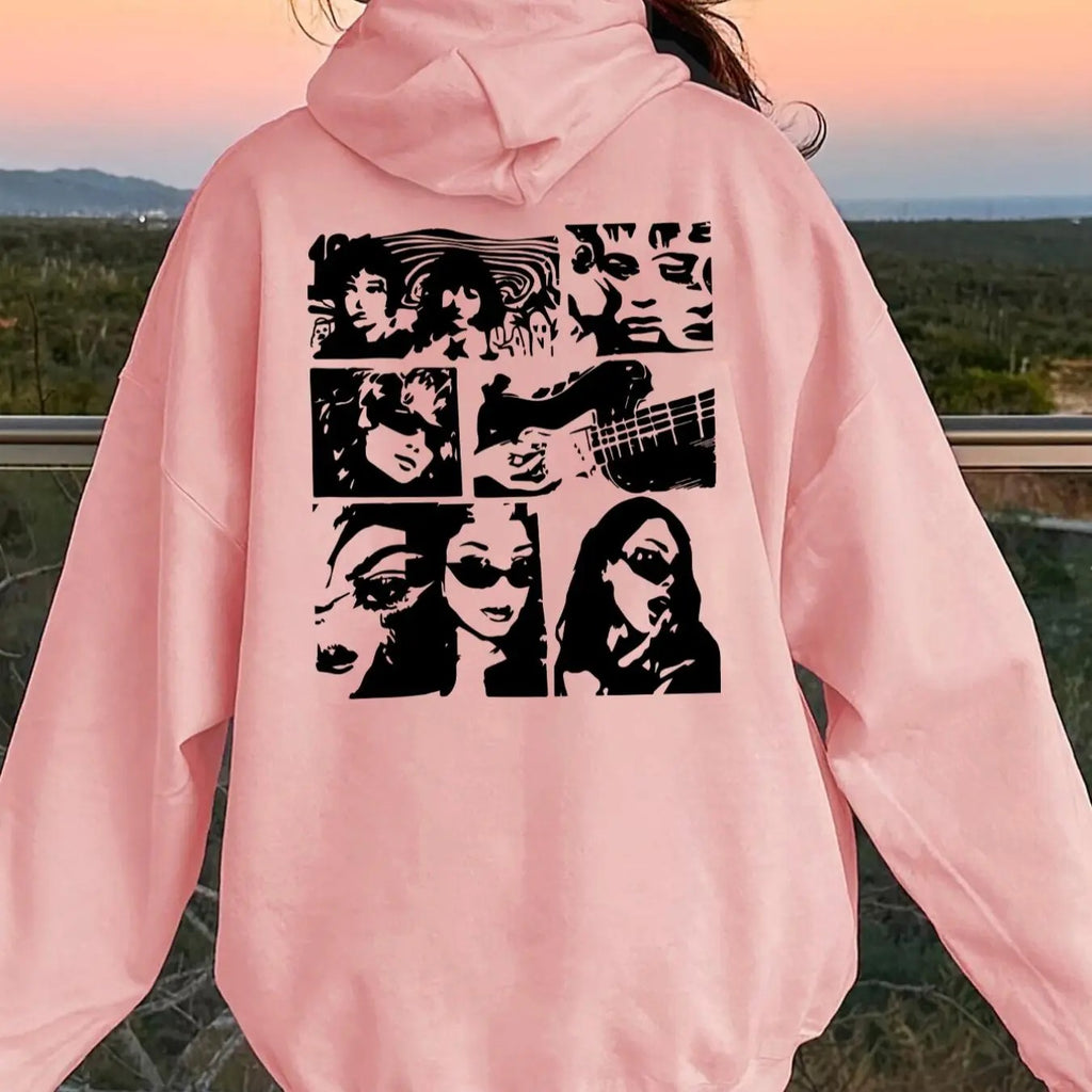 Women's Cartoon Print Drop Shoulder Hoodie, Fashion Casual Drawstring Pocket Hooded Sweatshirt for Daily Holiday Outdoor...