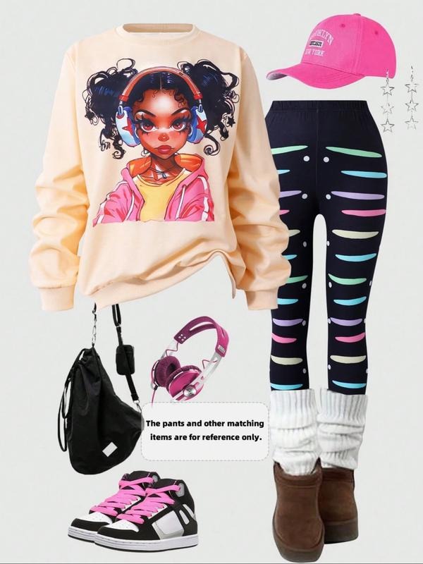 Women's Cartoon Print Hoodie, Loose-Fitting Round Neck Sweatshirt for Winter, Street Style Party Sport Outdoor Casual...