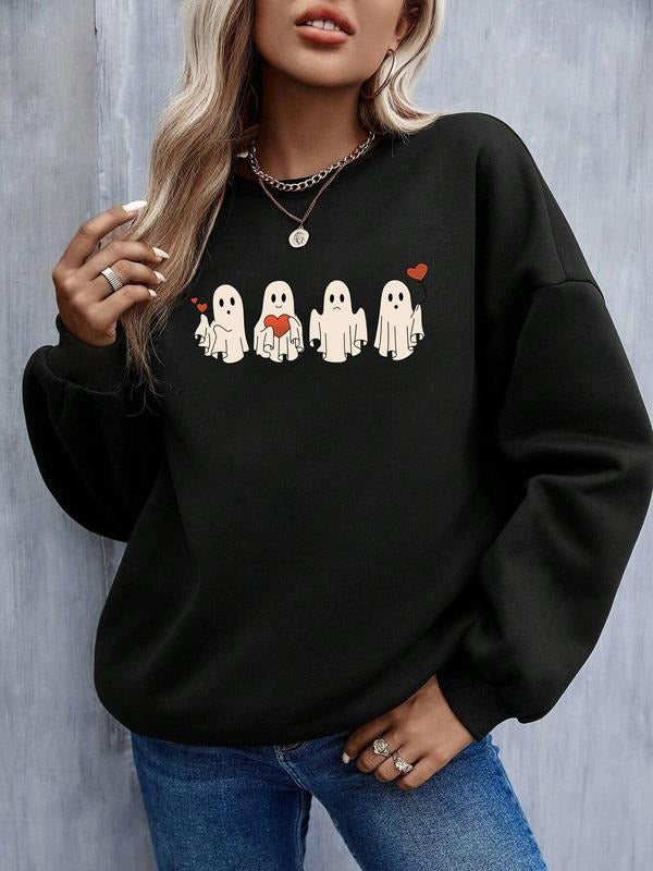 Women's Cartoon Print Long Sleeves Crewneck Black Sweatshirt, Comfort Womenswear, Casual Baggy Loose Oversize Round Neck...
