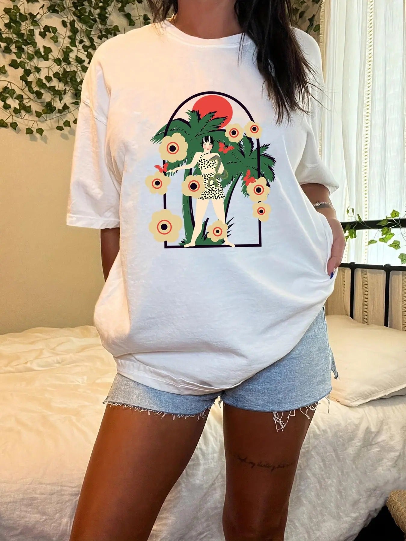 Women's Cartoon Print Round Neck Graphic Tee, Vintage Trendy Casual Drop Shoulder Half Sleeve T-shirt For Daily Wear,...