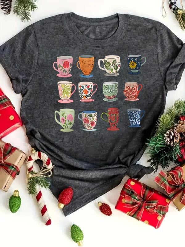 Women's Cartoon Print Round Neck Tee, Casual Short Sleeve Crew Neck T-Shirt for Summer, Fashion Women's Top for Holiday...
