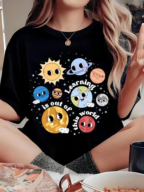 Women's Cartoon Print Round Neck Tee, Trendy Casual Crew Neck Short Sleeve T-shirt for Daily Wear, Ladies All Seasons...