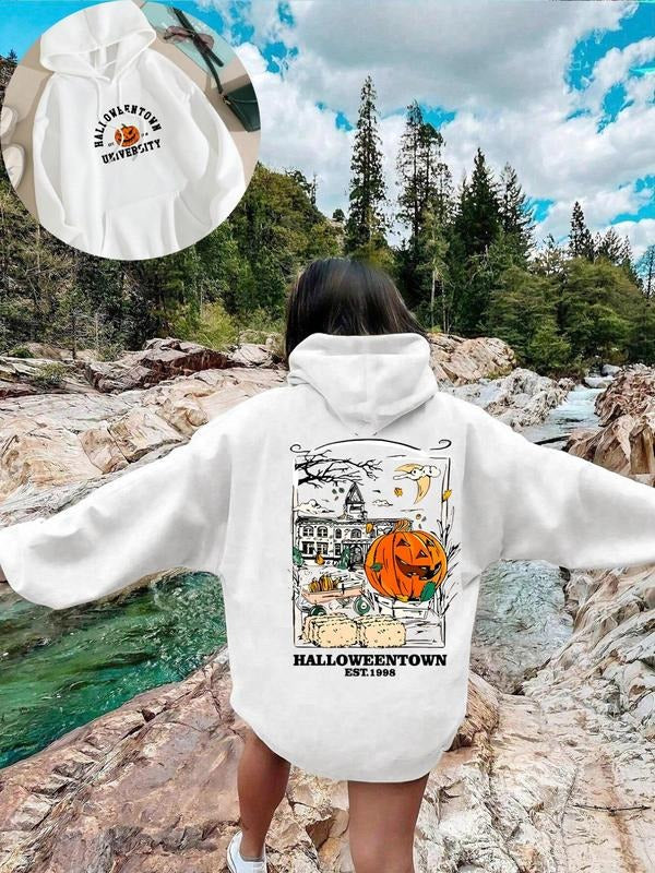 Women's Cartoon Pumpkin & Letter Print Drop Shoulder Hoodie, Halloween Fashion Casual Drawstring Pocket Hooded Sweatshirt...
