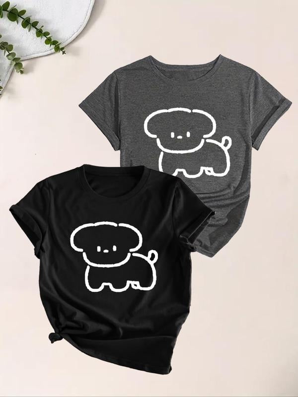 Women's Cartoon Puppy Print Short Sleeve Tee, Cute Round Neck T-Shirt for Summer, Casual Women's Top for Daily Wear...