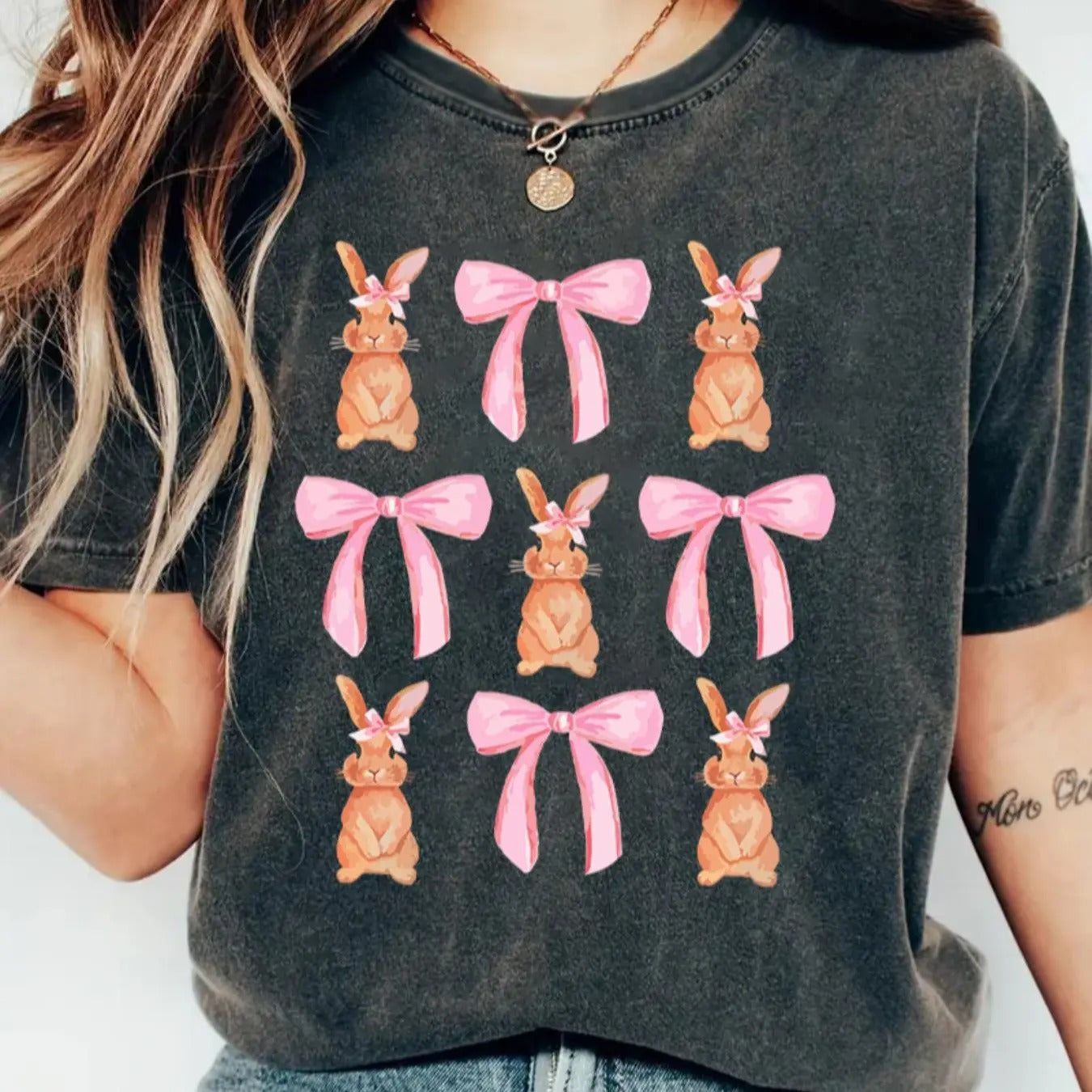 Women's Cartoon Rabbit & Bow Print Round Neck Tee, Casual Short Sleeve T-shirt for Summer, Women's Top for Daily Wear...