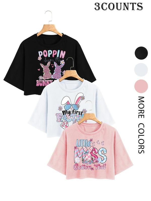 Women's Cartoon Rabbit & Letter Print Round Neck Tee, Casual Short Sleeve T-shirt for Summer, Ladies Clothes for Daily...