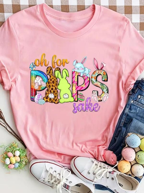 Women's Cartoon Rabbit & Letter Print Round Neck Tee, Cute Short Sleeve T-Shirt for Summer, Ladies Clothes for Daily Wear...
