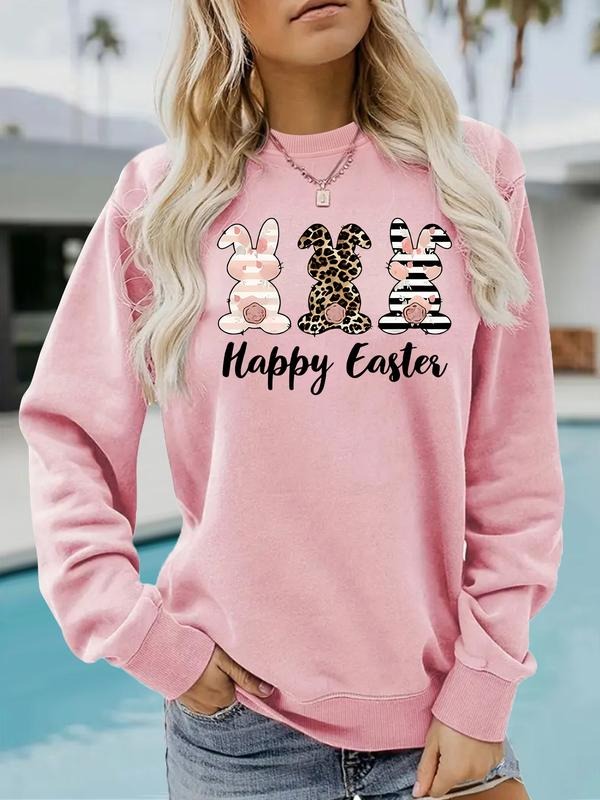 Women's Cartoon Rabbit Floral Print Round Neck Sweatshirt, Casual Fitted Pullover, Medium Stretch, All Season Comfort...
