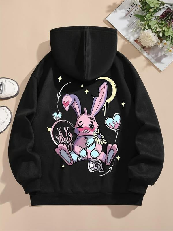 Women's Cartoon Rabbit Print Drawstring Kangaroo Pocket Hoodie, Fashion Casual Drop Shoulder Long Sleeve Hooded...