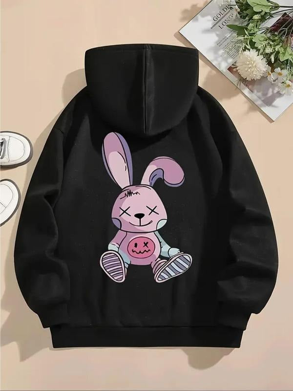 Women's Cartoon Rabbit Print Drop Shoulder Drawstring Hoodie, Fashion Casual Kangaroo Pocket Hooded Sweatshirt for Daily...