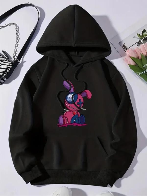 Women's Cartoon Rabbit Print Drop Shoulder Drawstring Thermal Lined Hoodie, Fashion Casual Pocket Hooded Sweatshirt for...