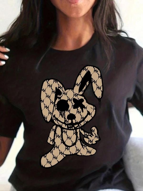 Women's Cartoon Rabbit Print Round Neck Tee, Fashion Casual Short Sleeve T-shirt for Daily Wear, Ladies Summer Clothes...