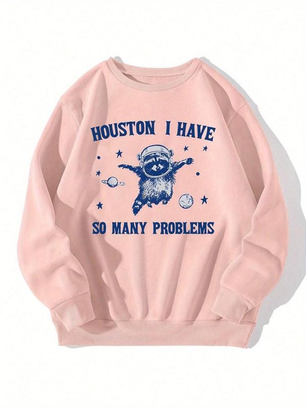 Women's Cartoon Raccoon & Letter Print Drop Shoulder Sweatshirt, Casual Long Sleeve Round Neck Pullover for Fall &...