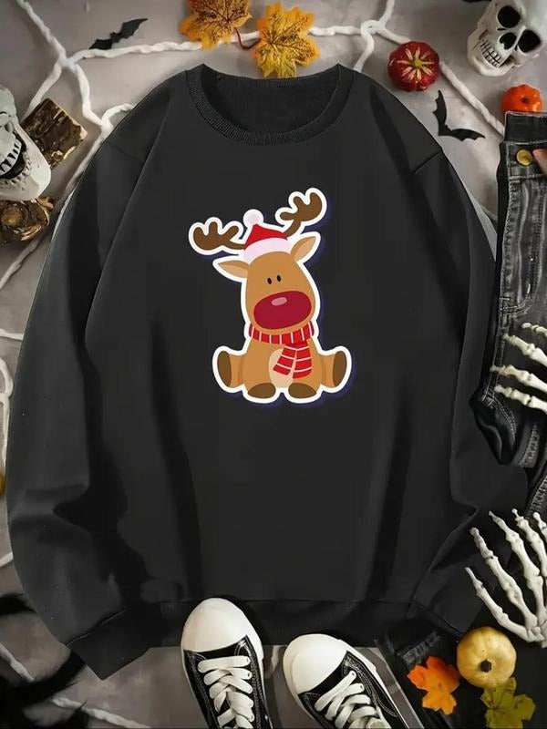 Women's Cartoon Reindeer Print Round Neck Sweatshirt, Casual Long Sleeve Pullover, Women's Fall & Winter Clothes for...