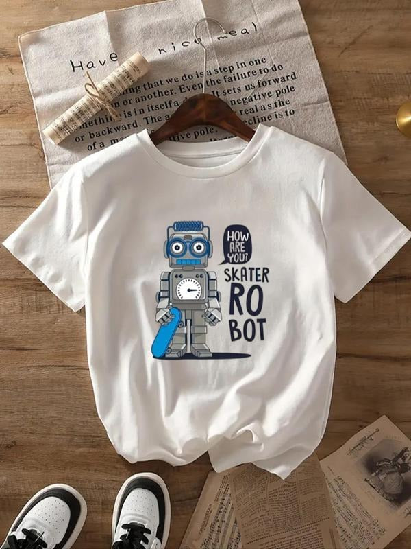 Women's Cartoon Robot & Letter Print Round Neck Tee, Casual Short Sleeve Crew Neck T-Shirt for Summer, Fashion Women's...