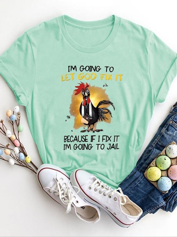 Women's Cartoon Rooster & Letter Print Round Neck Tee, Fashion Casual Short Sleeve Crew Neck T-shirt for Daily Outdoor...