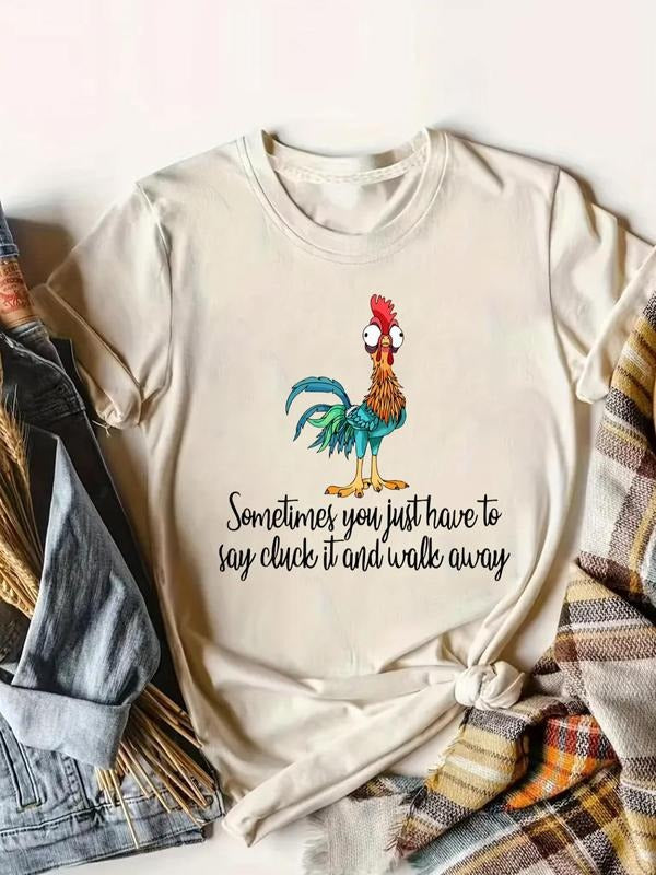 Women's Cartoon Rooster Print Round Neck Tee, Casual Short Sleeve T-shirt for Daily Wear, Ladies Clothes for All Seasons...