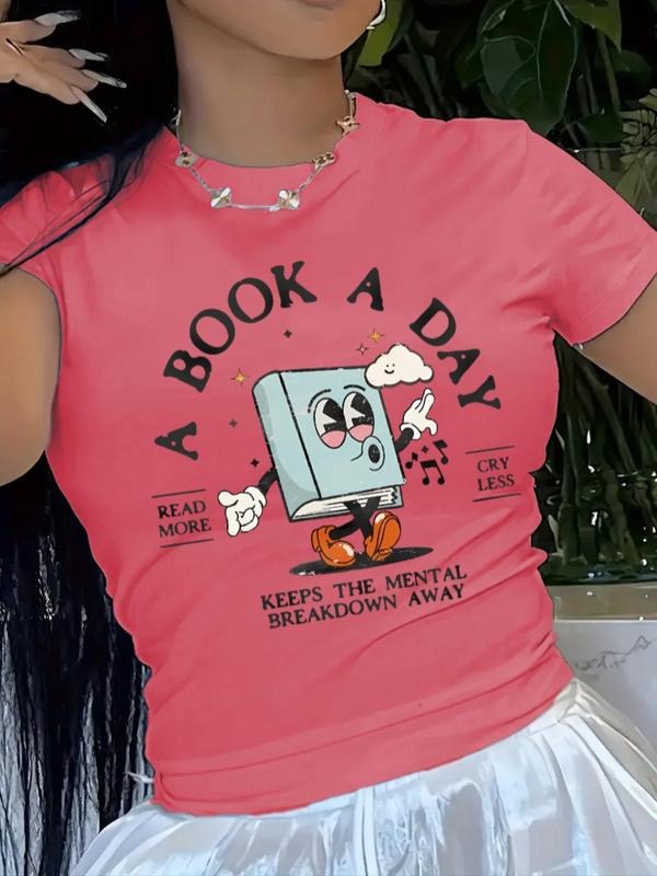 Women's Cartoon Round Neck Graphic Tee, Fashion Casual Short Sleeve T-shirt for Daily Wear, Ladies Summer Clothes Hoodie,...