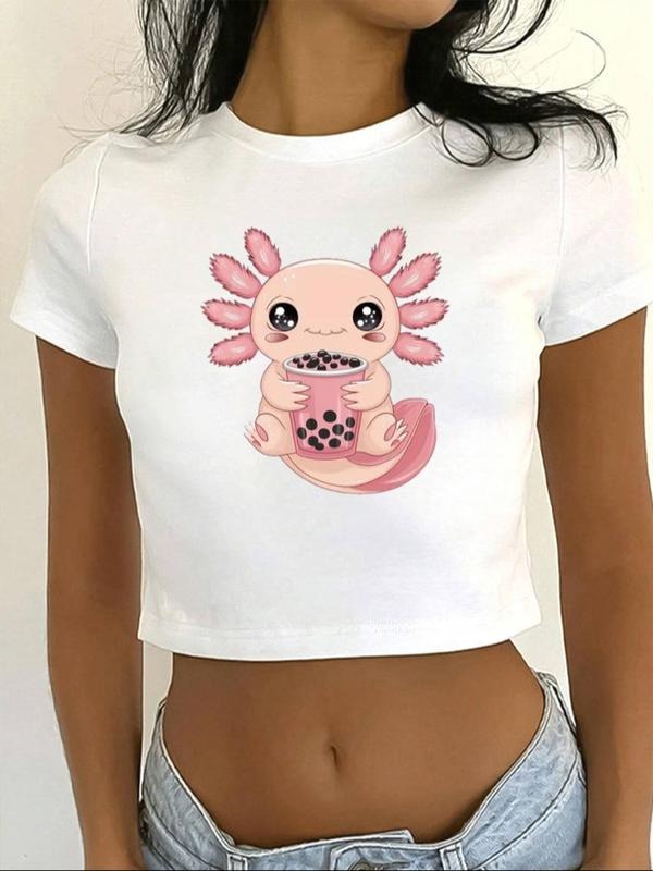 Women's Cartoon Salamander Print Round Neck Crop Tee, Fashion Casual Crew Neck T-shirt for Daily Holiday Vacation Outdoor...