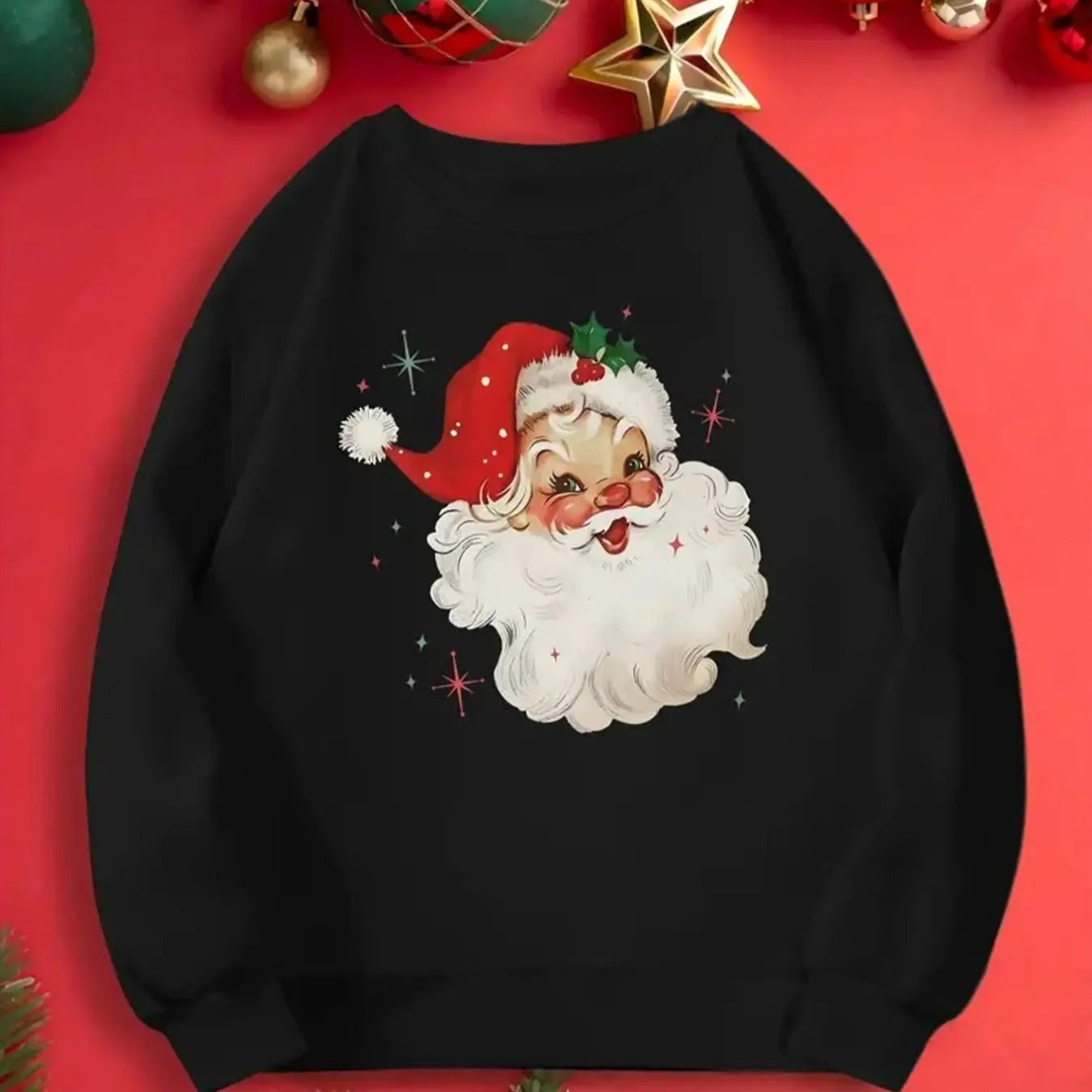 Women's Cartoon Santa Claus Print Round Neck Sweatshirt, Casual Long Sleeve Pullover for Fall & Winter, Women's Clothes...