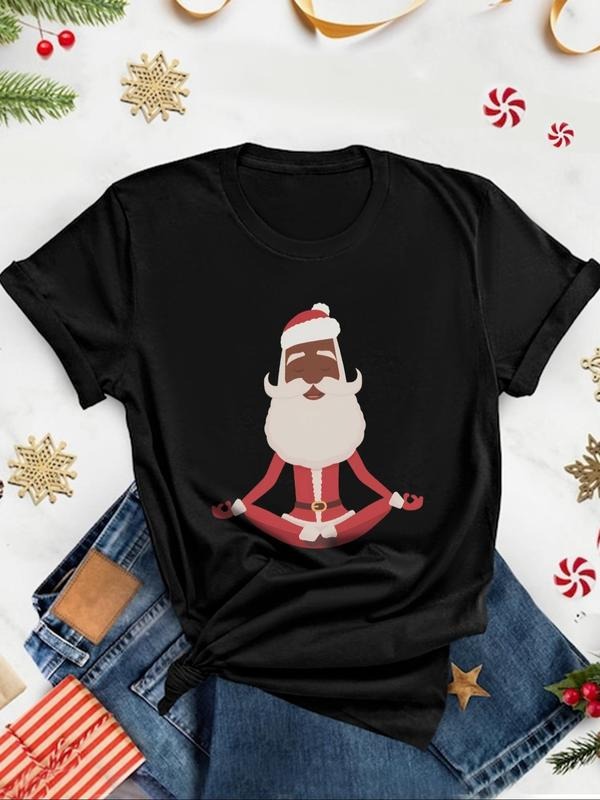 Women's Cartoon Santa Claus Print Round Neck Tee, Casual Short Sleeve Crew Neck T-shirt for All Seasons, Fashion Women's...