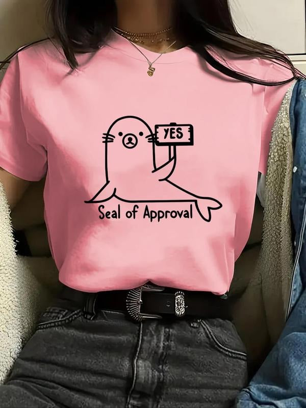 Women's Cartoon Seal & Letter Print Round Neck Tee, Cute Casual Short Sleeve T-shirt for Daily Holiday Vacation Outdoor...