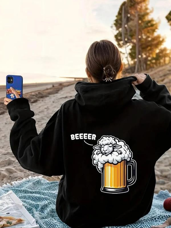 Women's Cartoon Sheep & Letter Print Hoodie, Casual Beer Drink Graphic Hooded Sweatshirt for Fall & Winter, Women's...